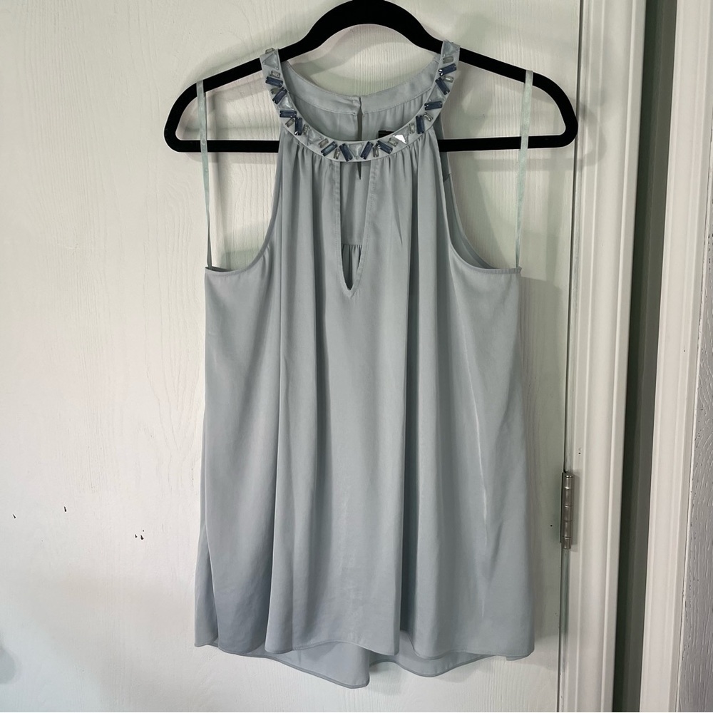 BCBG Max Azria NWT Light Blue Bejeweled Razorback Top Size Medium